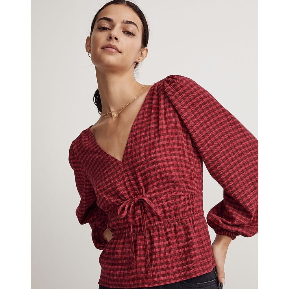 NEW $88 Madewell Womens XS Crinkled V Neck Peplum Top Red Plaid Tie Front Blouse